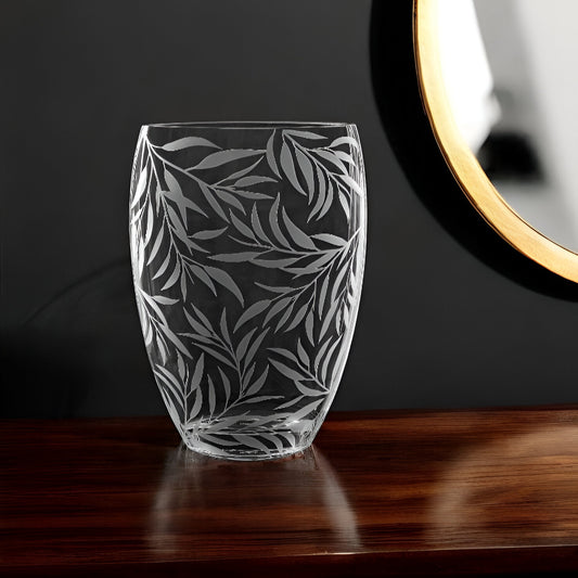 12 inch clear and frosted leaf pattern oval crystal table vase elegant glass centerpiece with botanical design
