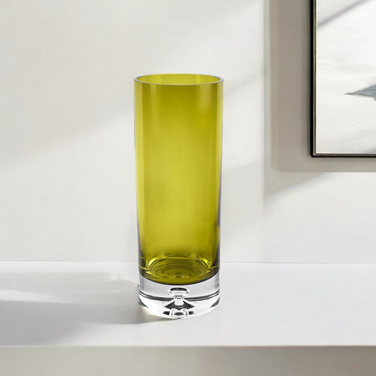 11 inch green crystal glass cylinder vase with hand-painted finish, elegant traditional table decor for home

