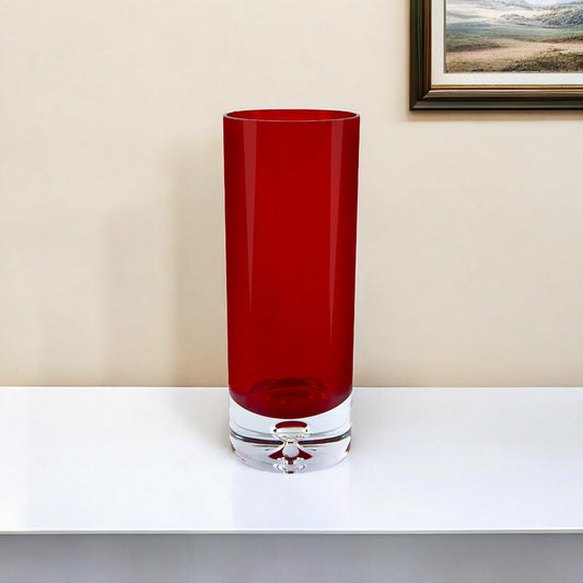11 inch red crystal glass cylinder vase with elegant design, traditional table decor for classic home
