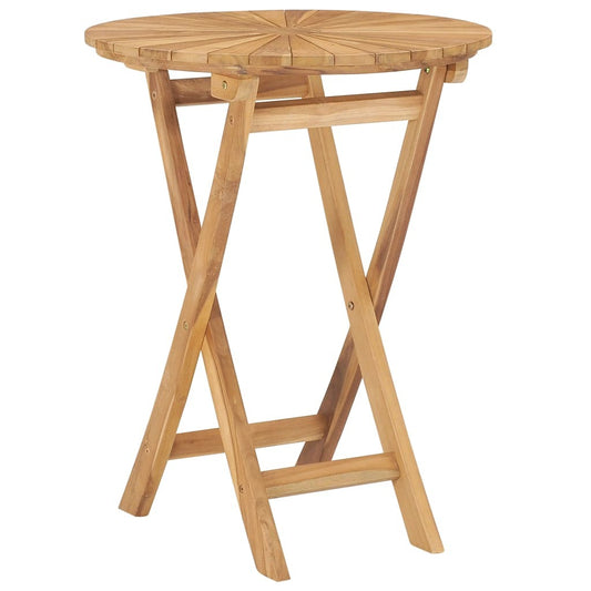 Small round folding outdoor teak table with natural wood finish for patio dining
