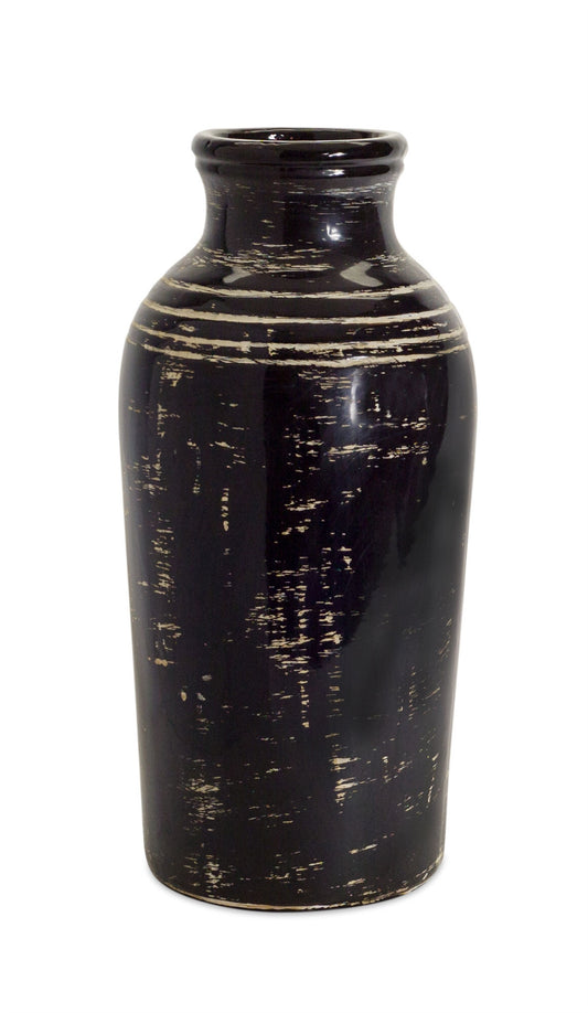 Elegant 18-inch black and ivory striped ceramic floor vase with classic urn shape, perfect statement piece for traditional or contemporary home decor
