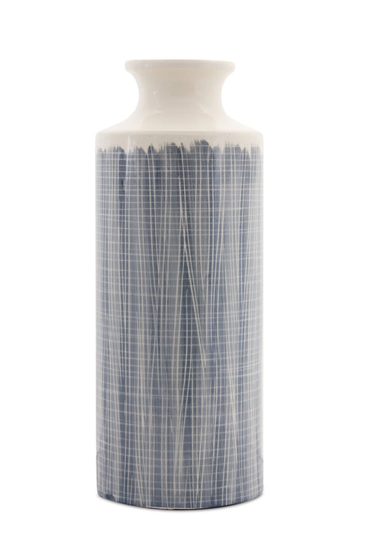 19-inch blue and white geometric cylinder terracotta floor vase, coastal Mediterranean home decor
