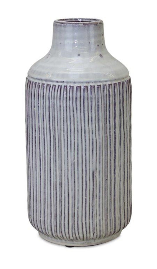 12-inch white and brown ribbed cylinder terracotta vase, rustic modern farmhouse table decor
