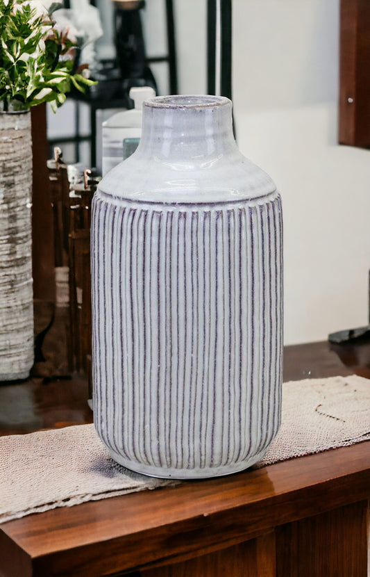 10 inch off white terracotta striped cylinder vase with carved ribbed pattern and reactive glaze, rustic table decor
