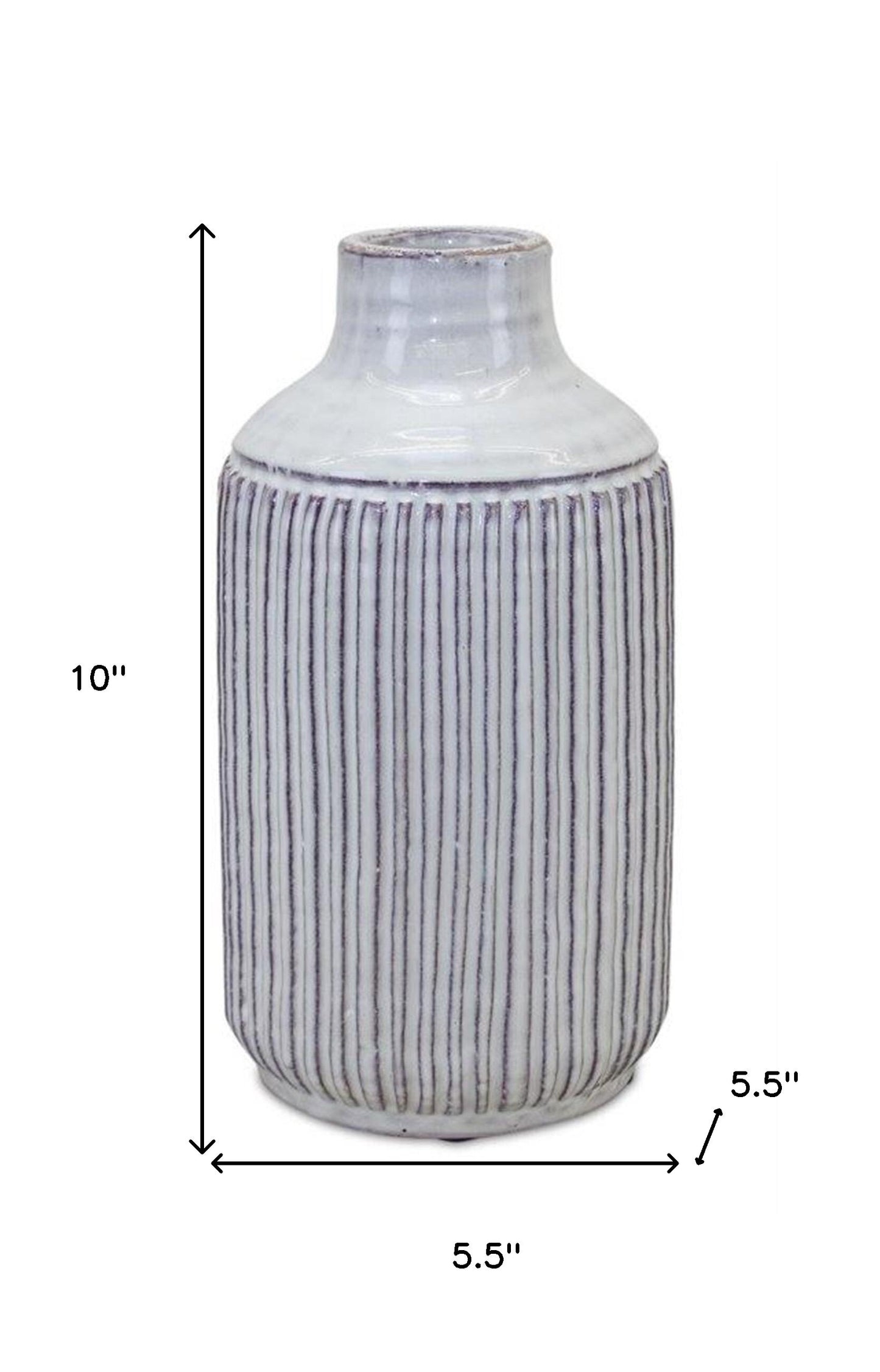 10 inch off white terracotta striped cylinder vase full product view, carved ribbed pattern with reactive glaze for rustic organic home decoration
