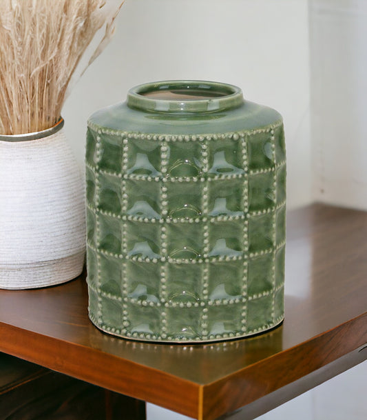 7 inch green terracotta geometric cylinder vase with deep glaze, modern botanical table decor for home
