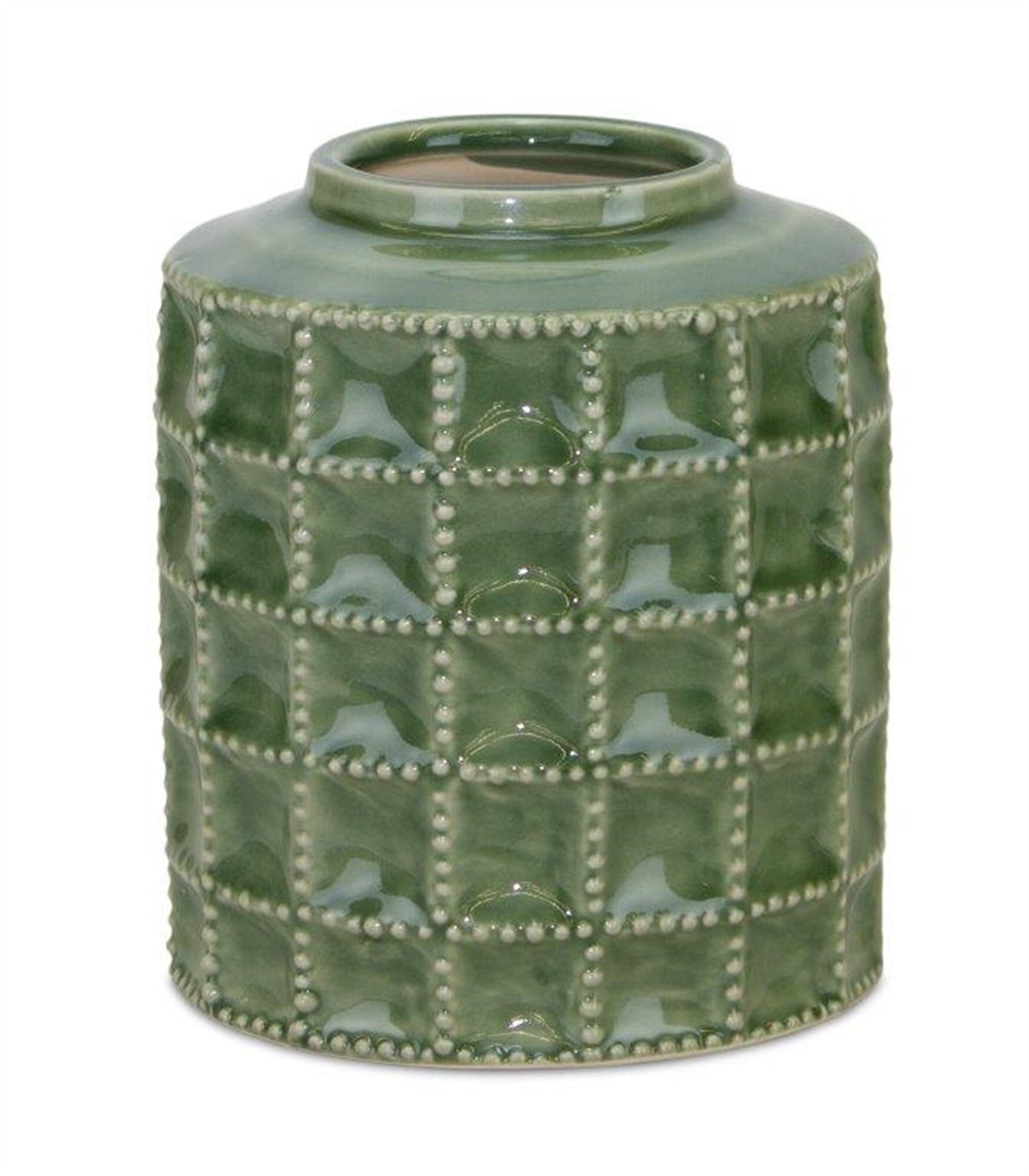 Geometric green ceramic vase detail view showing glazed finish, 7 inch modern botanical accent
