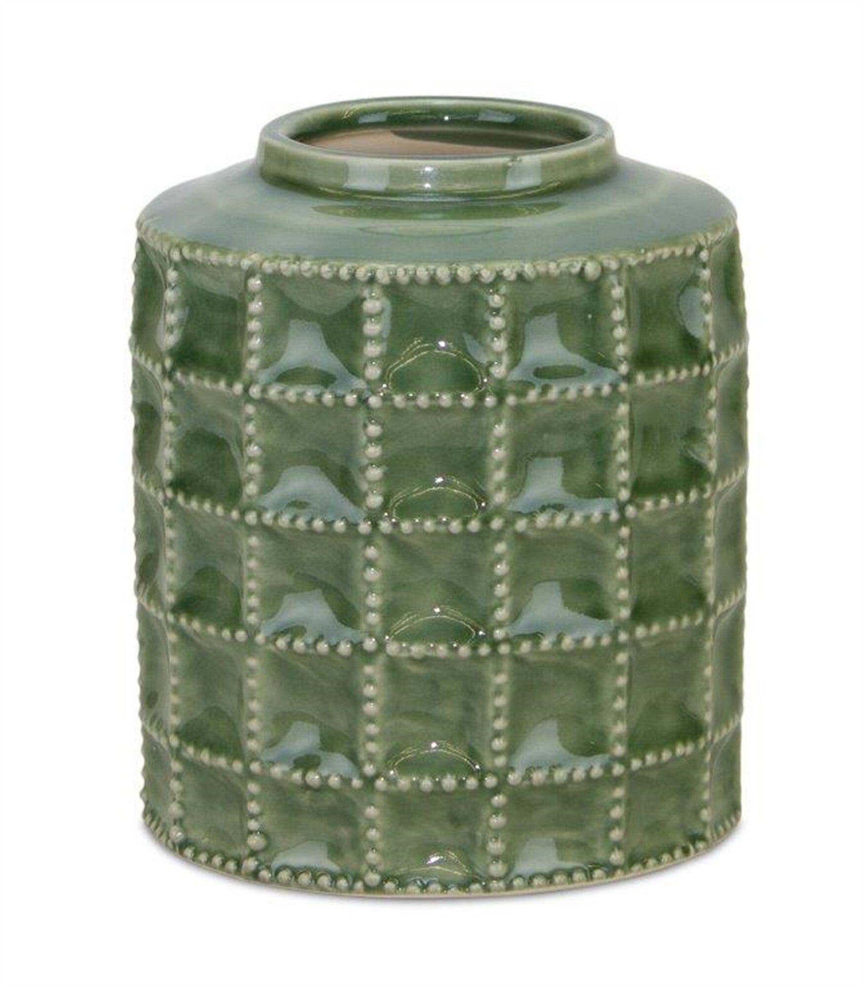 Geometric green ceramic vase detail view showing glazed finish, 7 inch modern botanical accent

