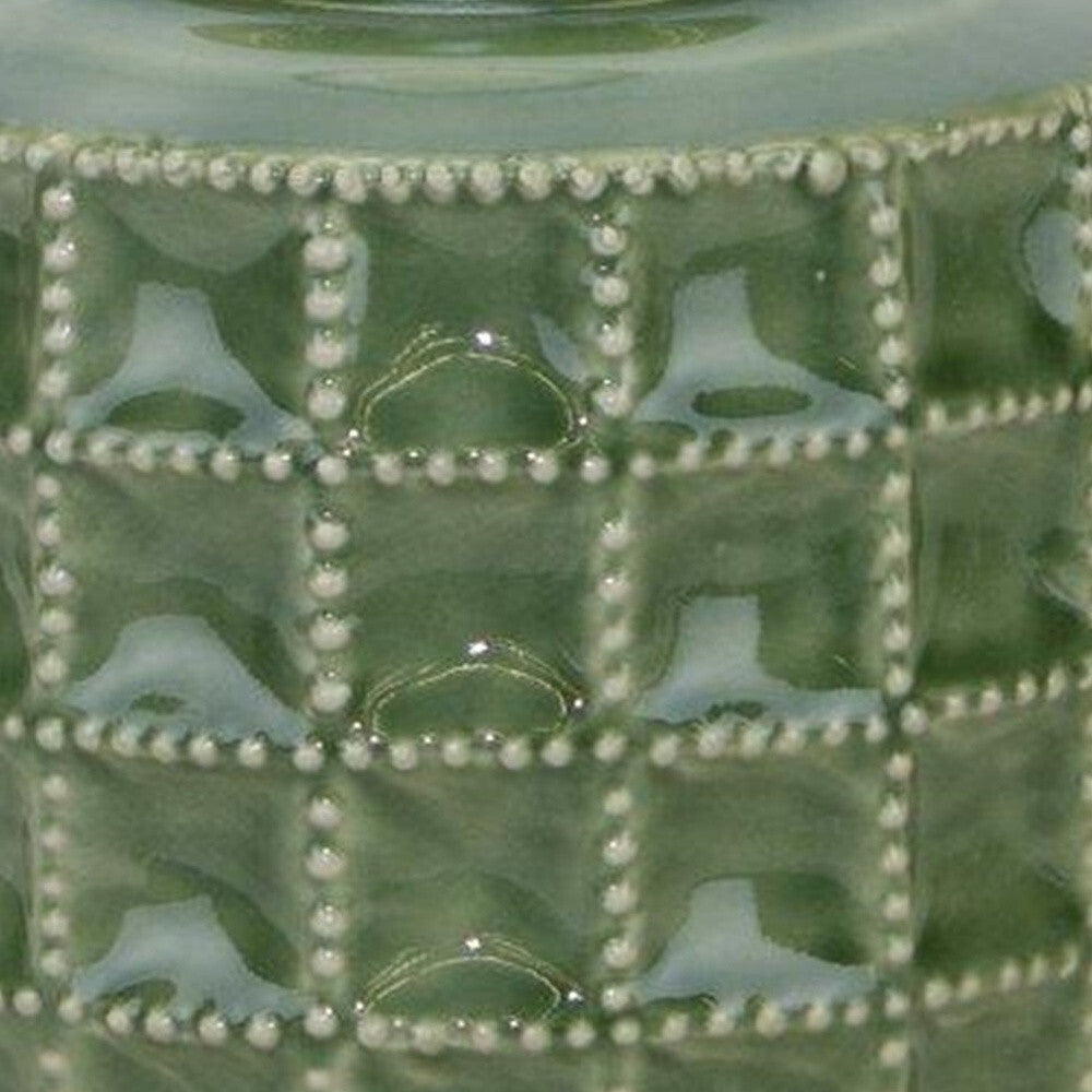 7 inch green cylinder terracotta vase with geometric design, contemporary table centerpiece

