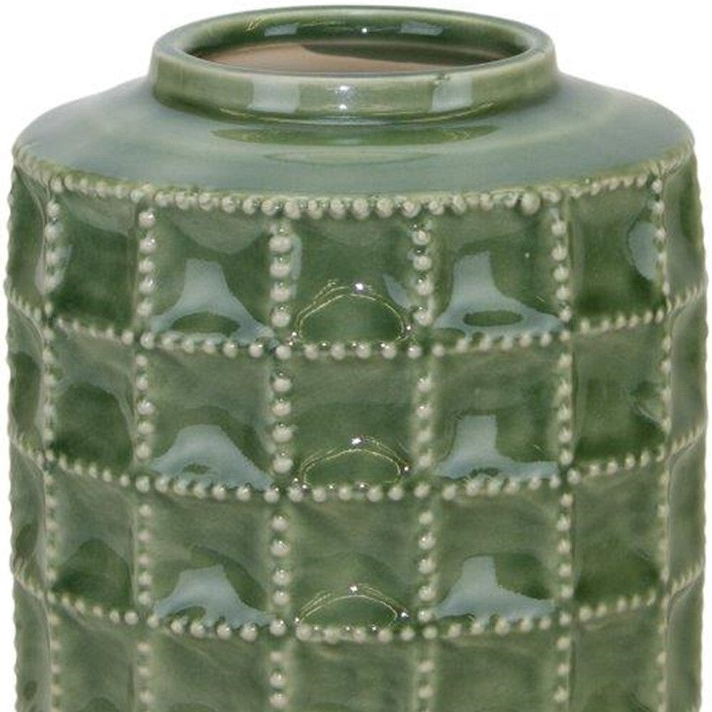 Modern green terracotta vase showing geometric details, 7 inch botanical home decor
