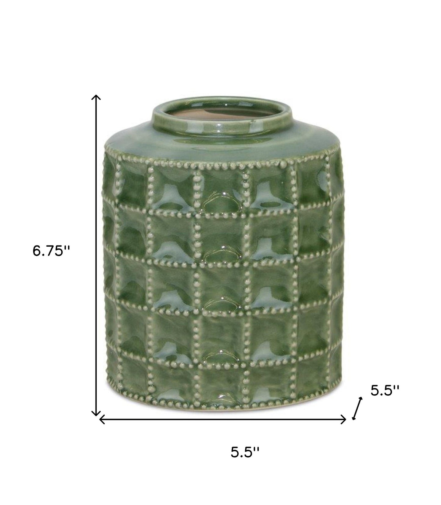 7 inch green geometric cylinder terracotta vase full view, modern botanical table decoration
