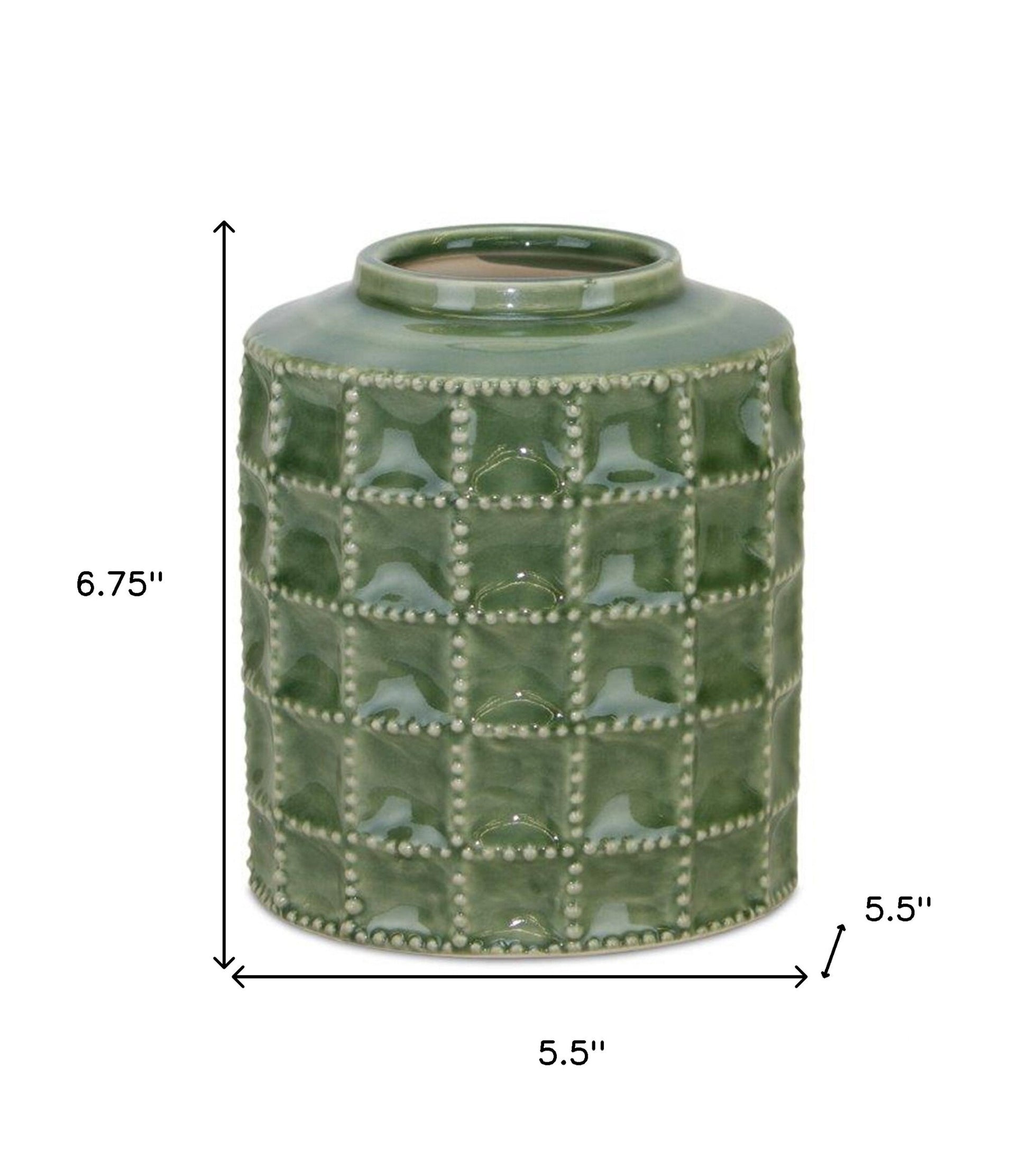 7 inch green geometric cylinder terracotta vase full view, modern botanical table decoration

