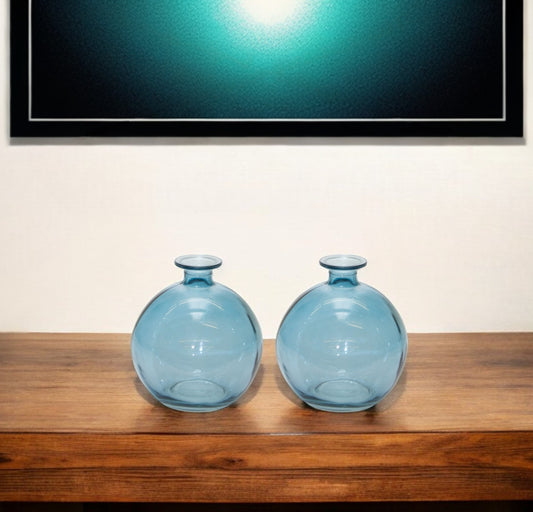 Set of 2 blue glass round posy vases with translucent coastal color, 5.5 inch table decor for fresh flowers

