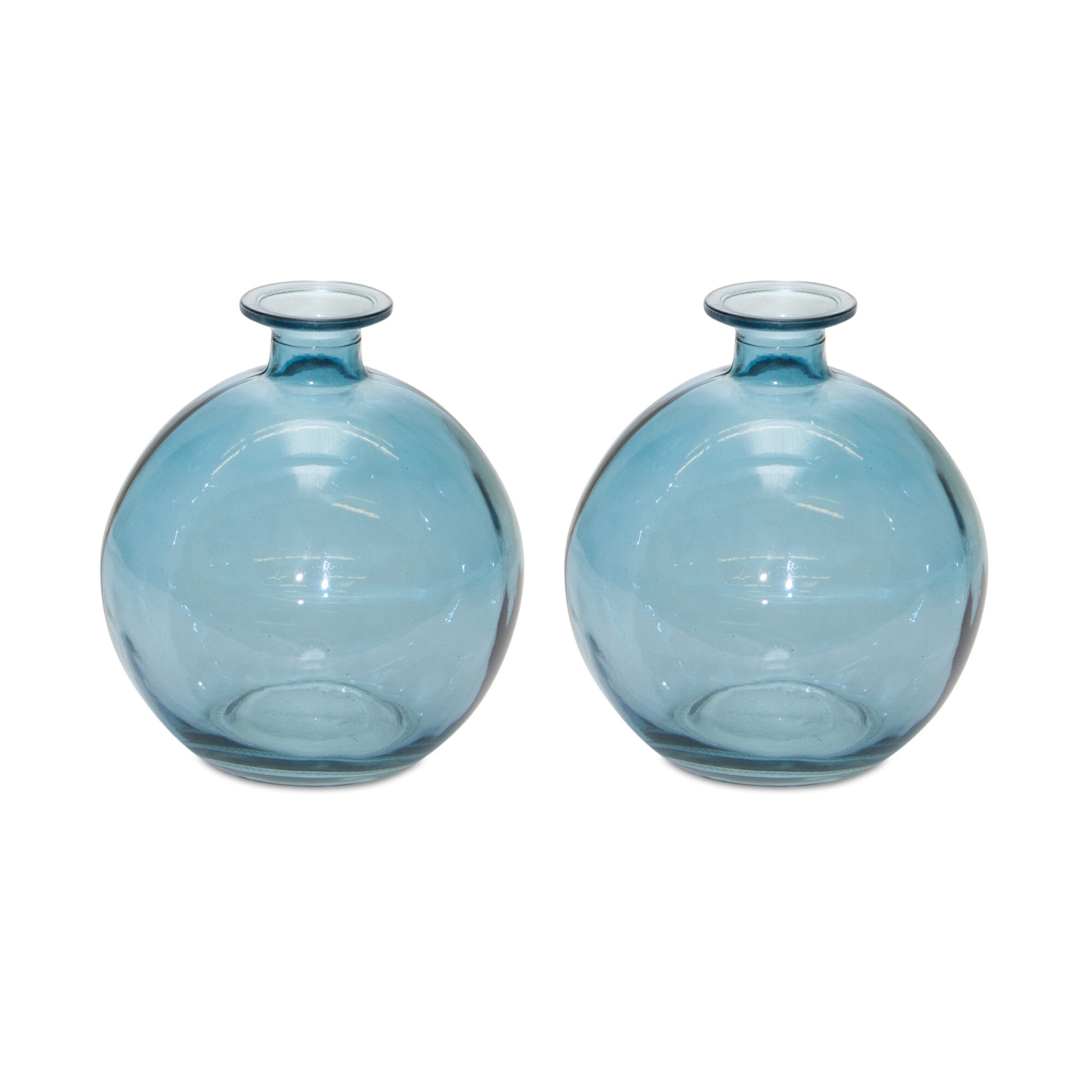 Two blue glass posy vases showing compact size and premium glass construction, 5.5 inch coastal decor
