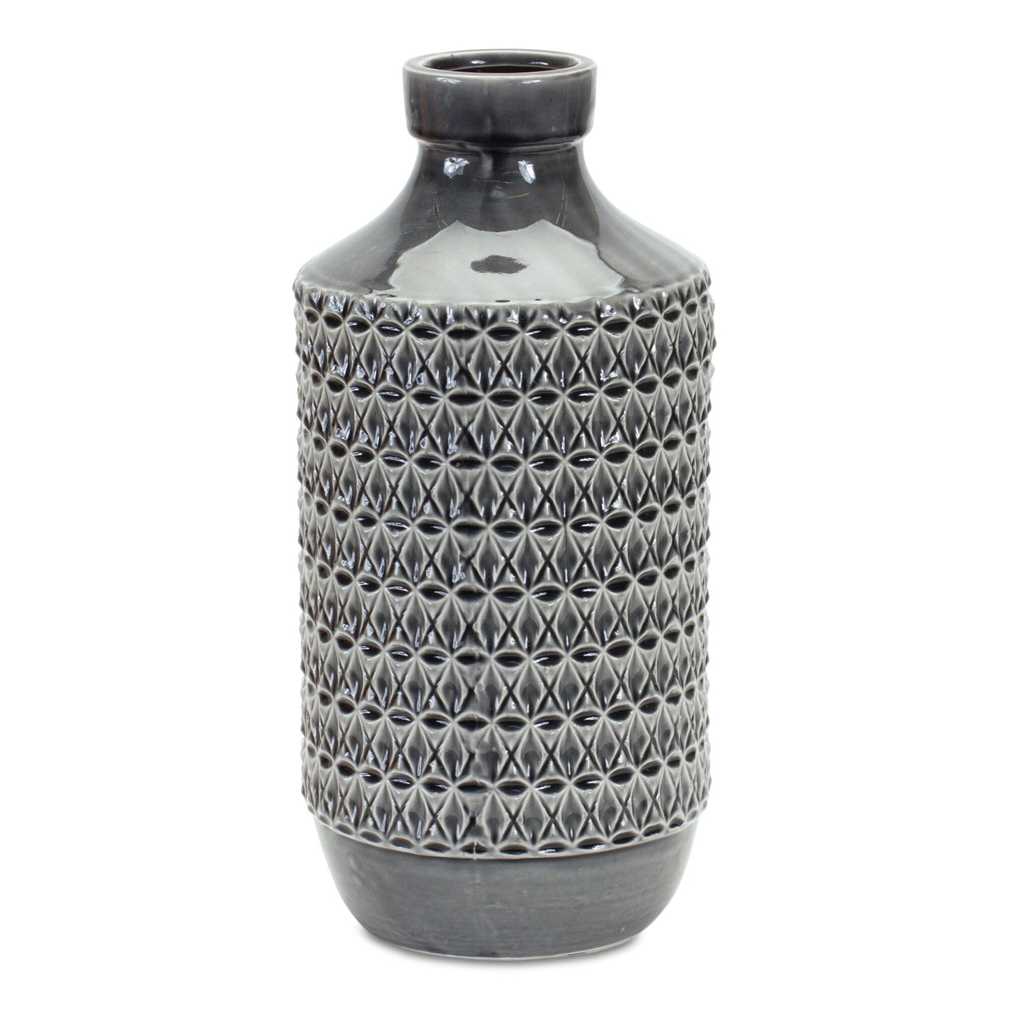 15 inch gray geometric cylinder terracotta vase with modern minimalist design, contemporary table centerpiece for home decor
