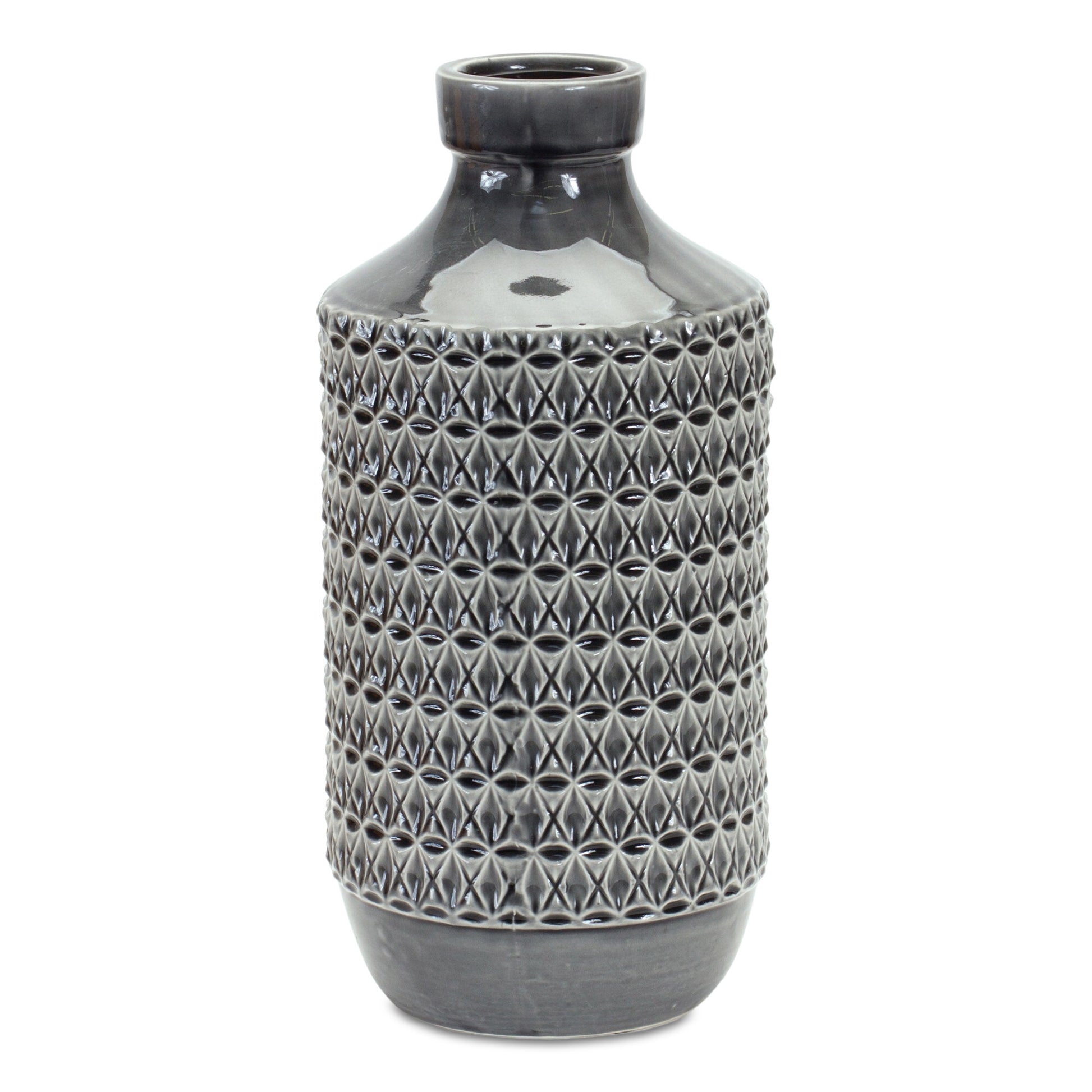 Gray terracotta vase showing geometric pattern detail and cylinder shape, 15 inch modern table decoration
