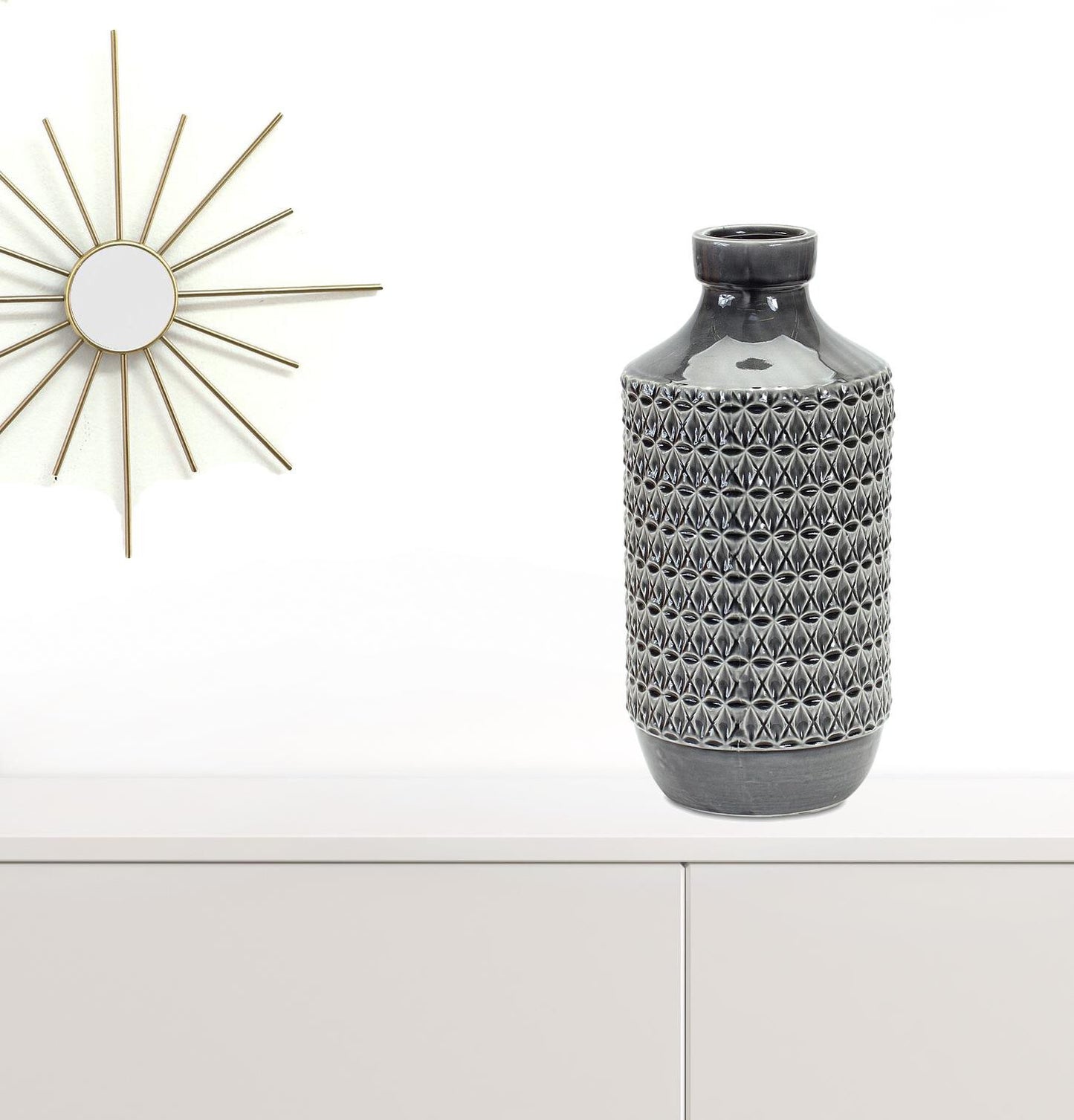 Modern geometric terracotta vase in gray with textured pattern, 15 inch contemporary minimalist accent
