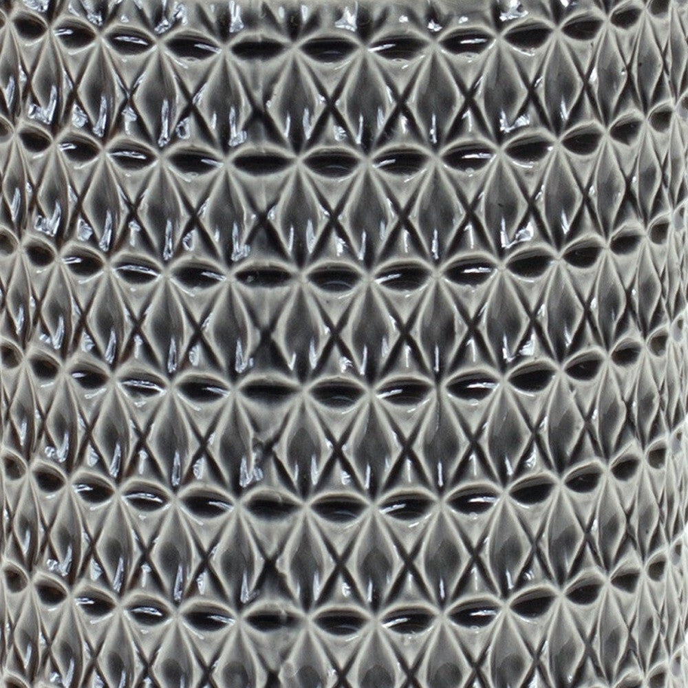 Contemporary gray terracotta vase with geometric pattern, 15 inch modern table centerpiece for minimalist interiors
