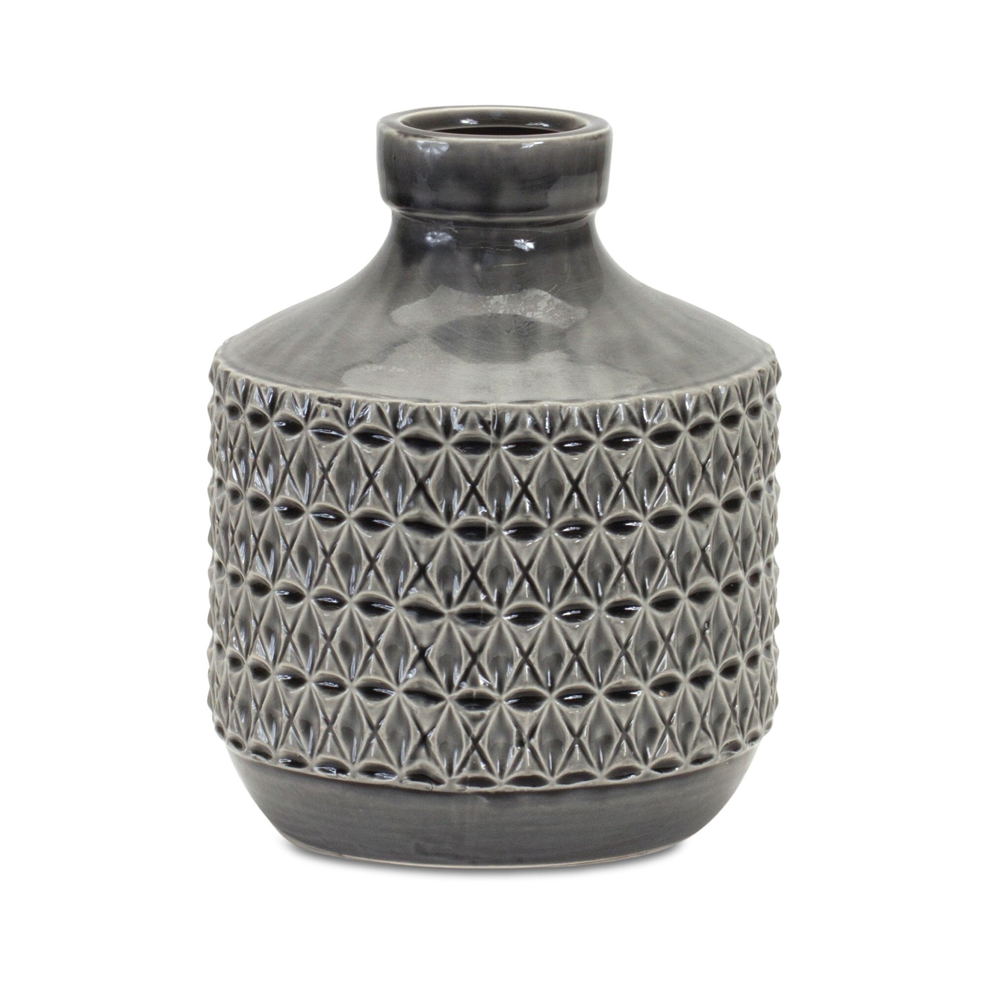 10 inch gray geometric terracotta bud vase with modern minimalist design, neutral home decor piece on white background
