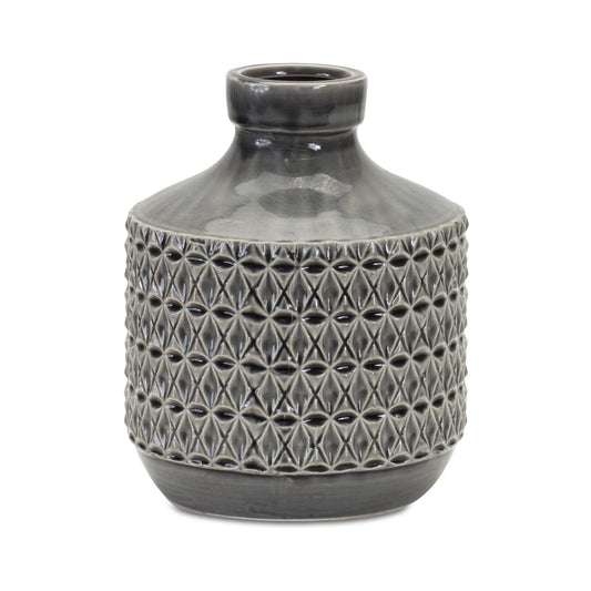 10 inch gray geometric terracotta bud vase with modern minimalist design, neutral home decor piece on white background
