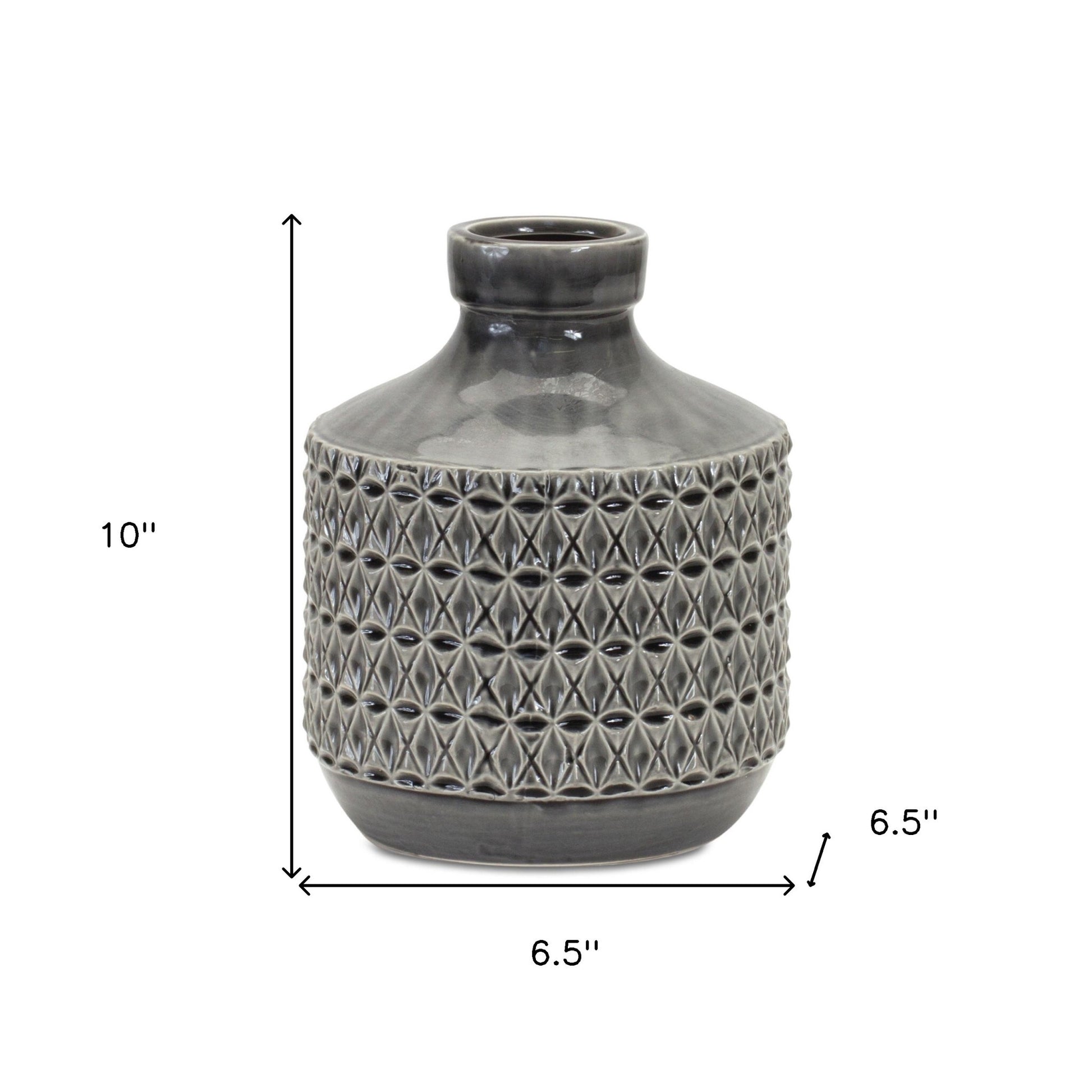 Minimalist gray terracotta vase with geometric details, modern home decor accent piece for living room or bedroom
