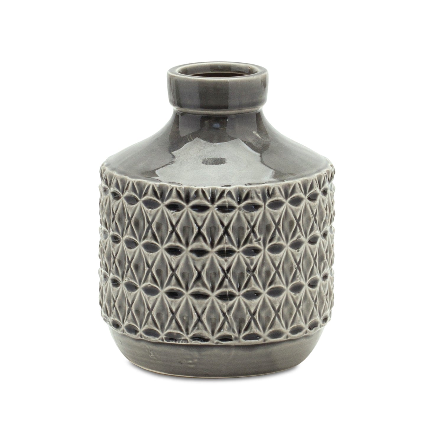 Gray terracotta bud vase showing geometric pattern detail and unique shape, 8 inch modern table decoration
