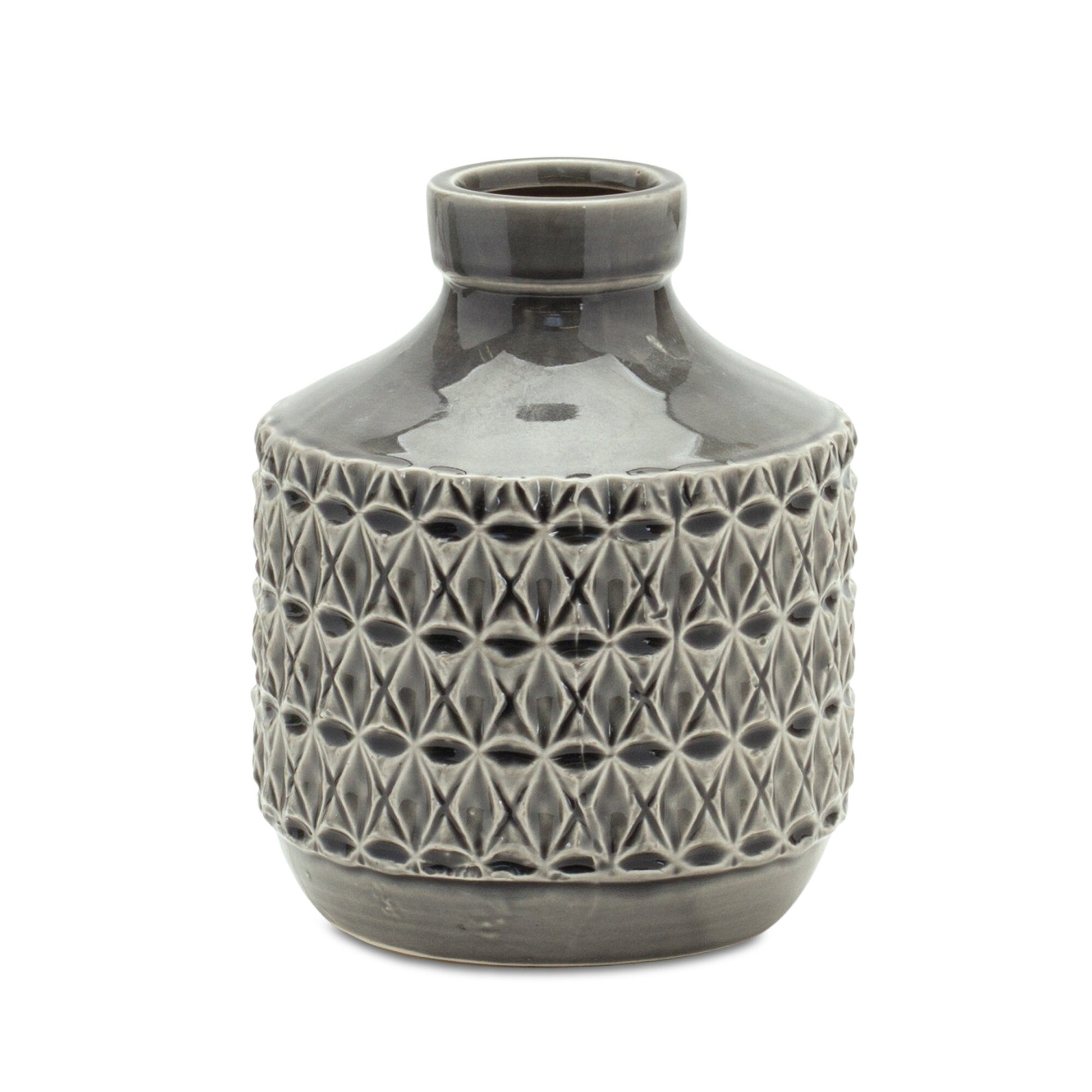 Gray terracotta bud vase showing geometric pattern detail and unique shape, 8 inch modern table decoration
