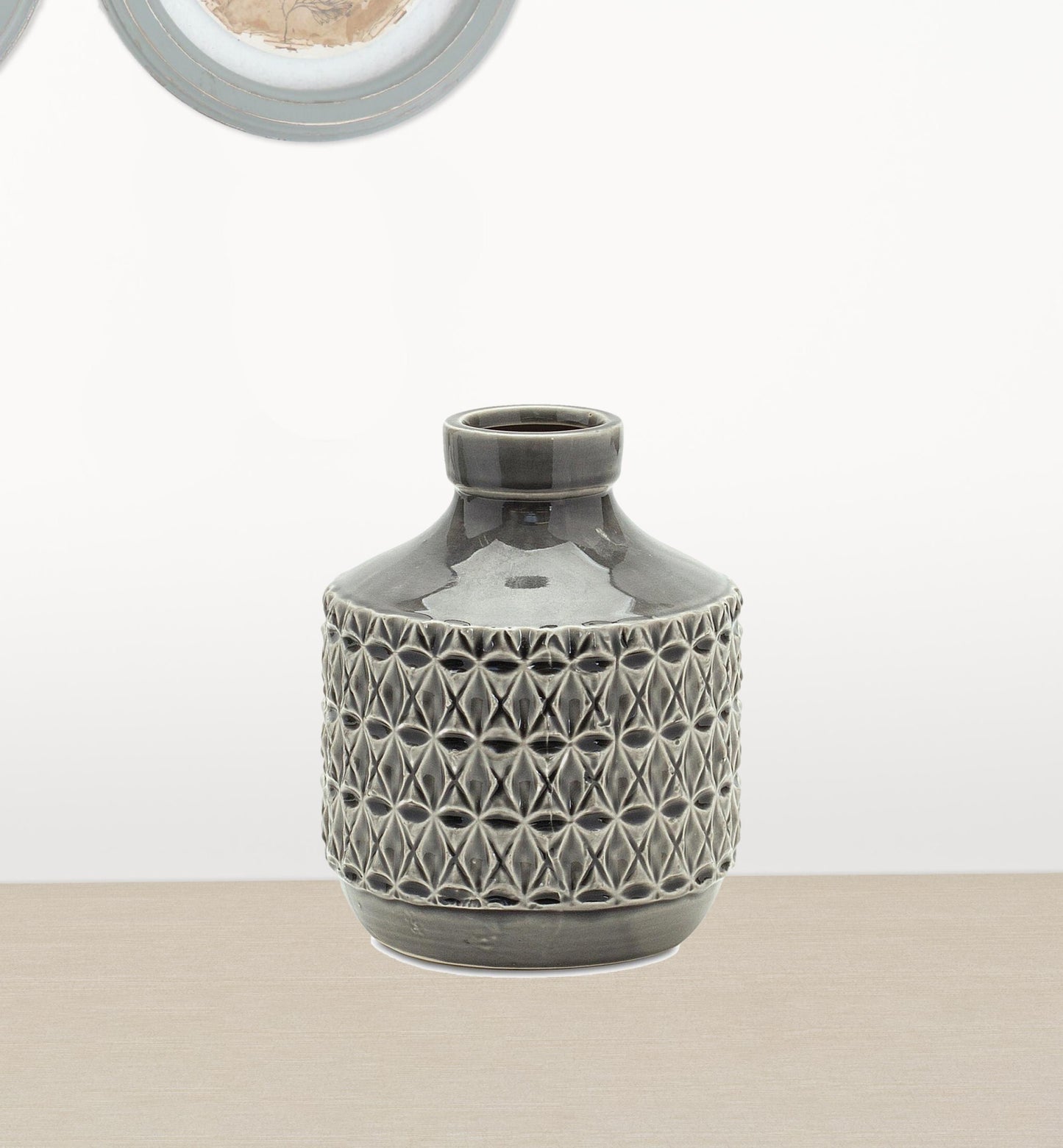Modern geometric terracotta vase in gray with textured bud design, 8 inch contemporary minimalist accent
