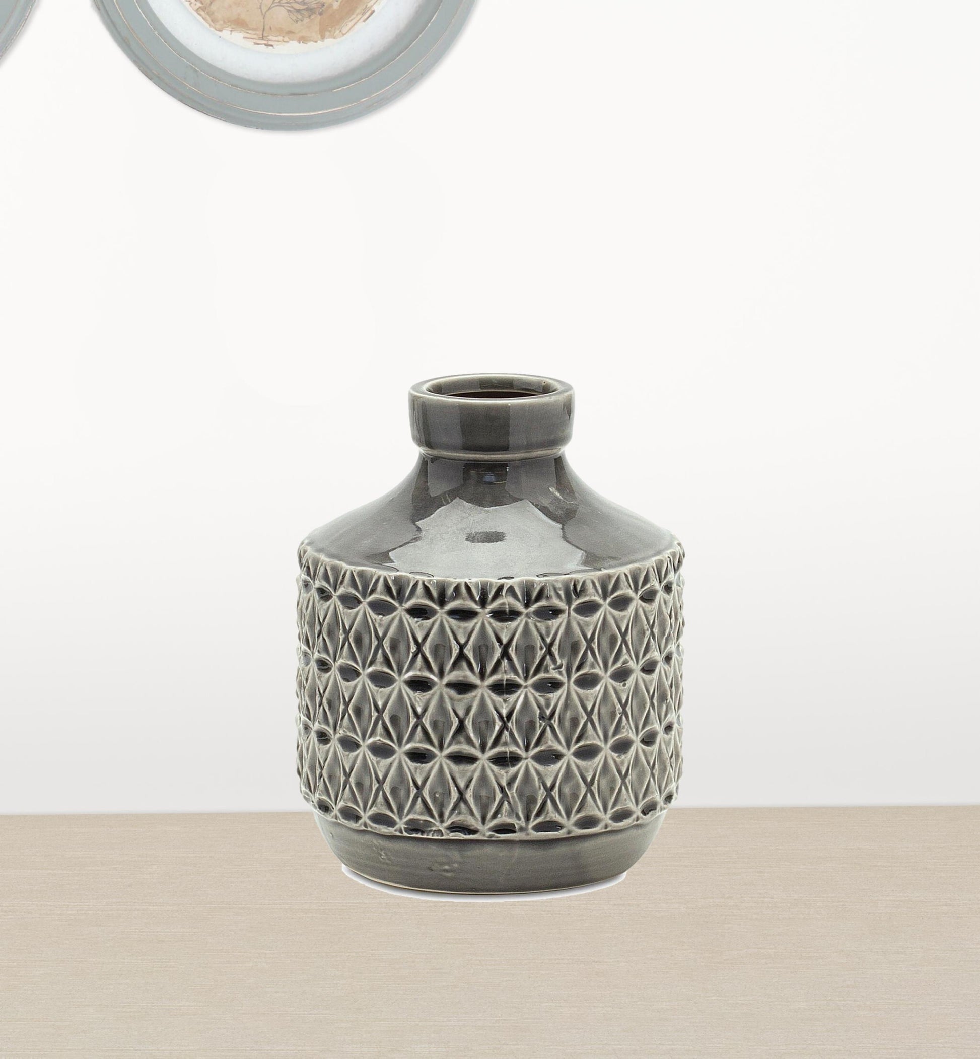 Modern geometric terracotta vase in gray with textured bud design, 8 inch contemporary minimalist accent
