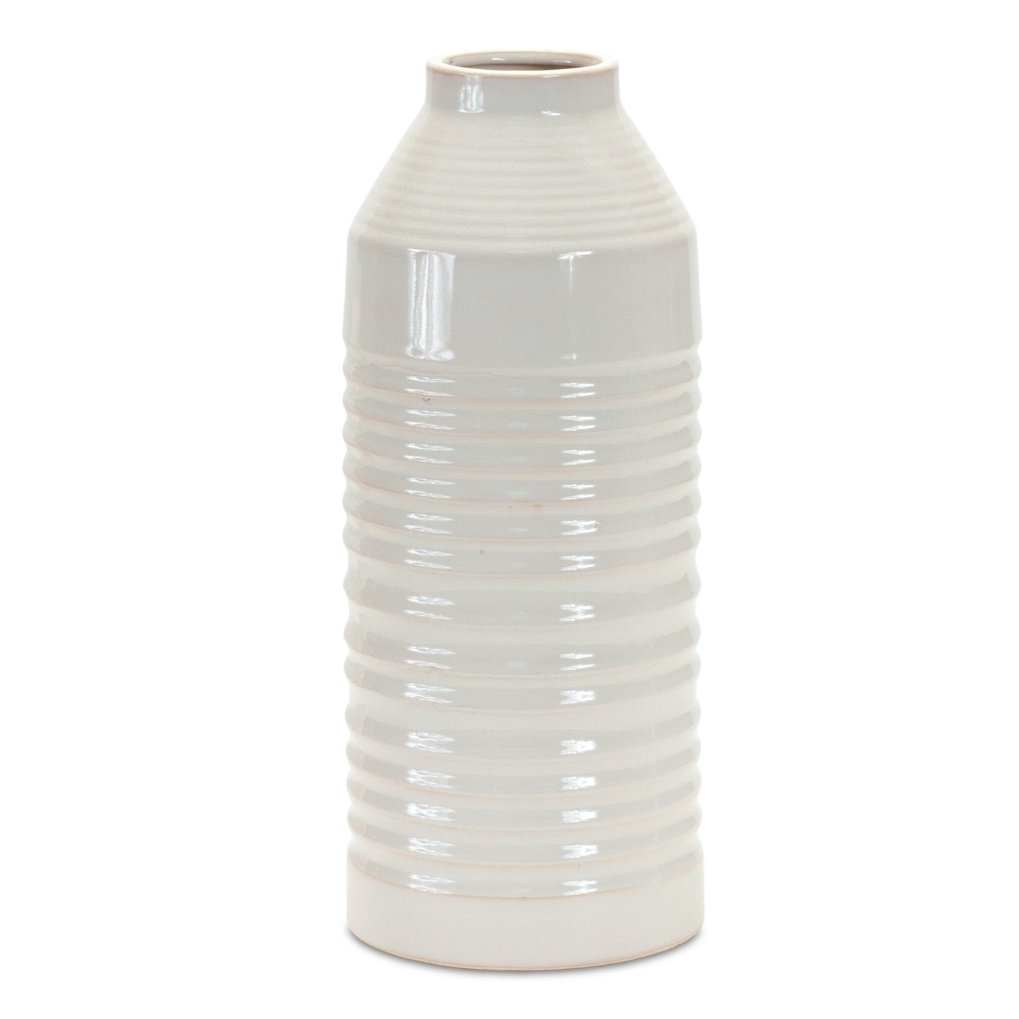 15 inch white ribbed cylinder terracotta vase with textured design, modern contemporary table decor for home
