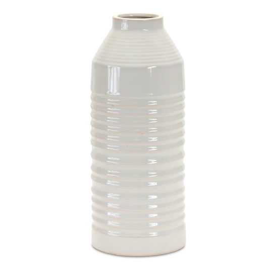 15 inch white ribbed cylinder terracotta vase with textured design, modern contemporary table decor for home
