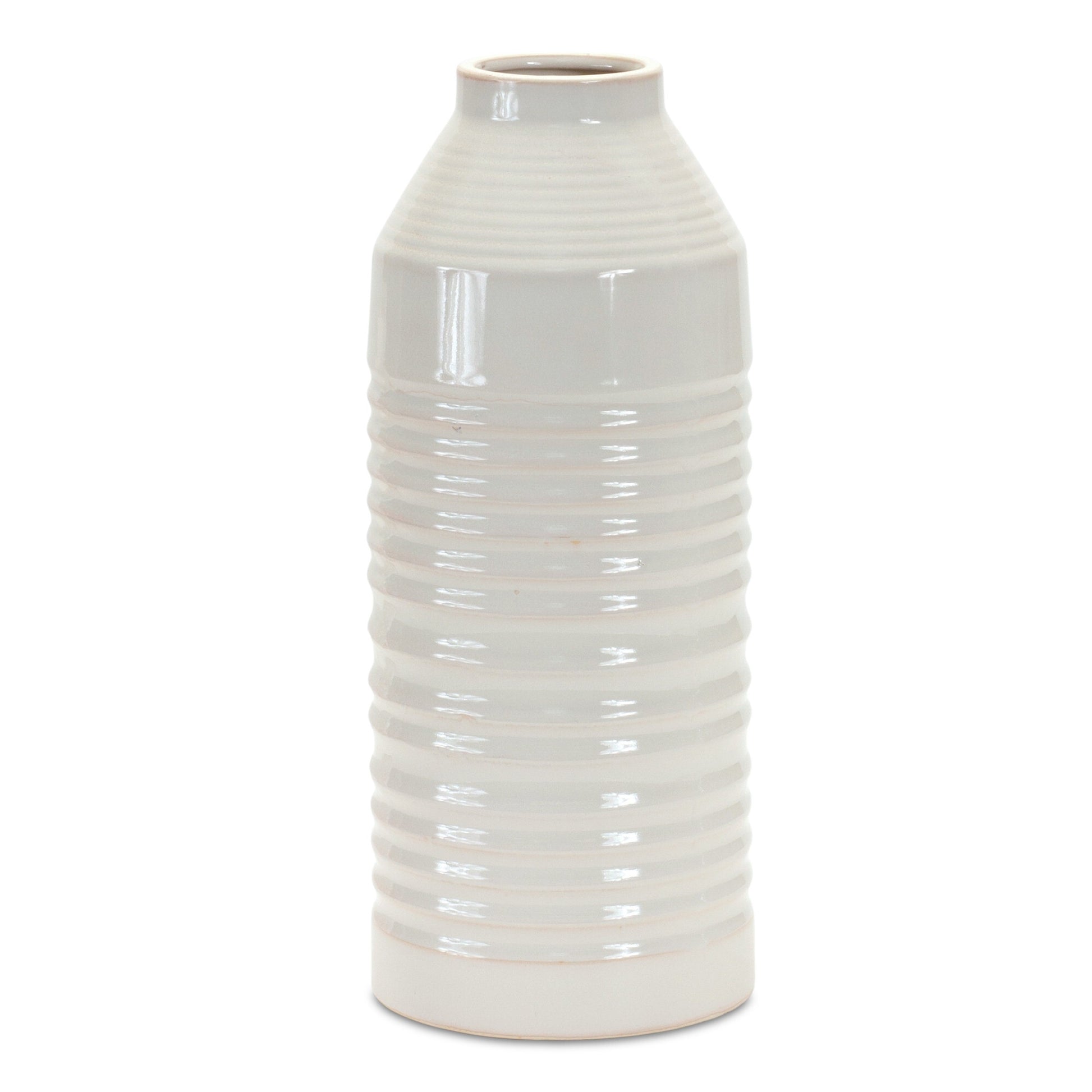 White terracotta vase showing ribbed texture and cylinder shape, 15 inch modern elegant decoration
