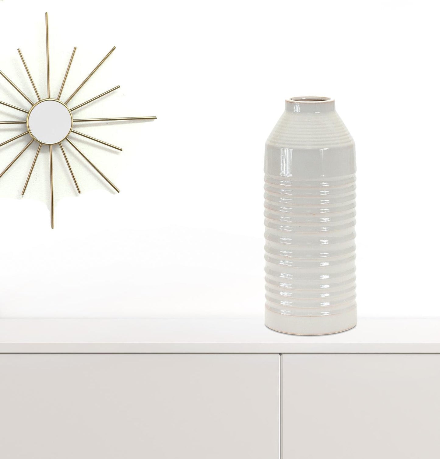 Ribbed white ceramic vase detail view showing textured pattern, 15 inch contemporary centerpiece
