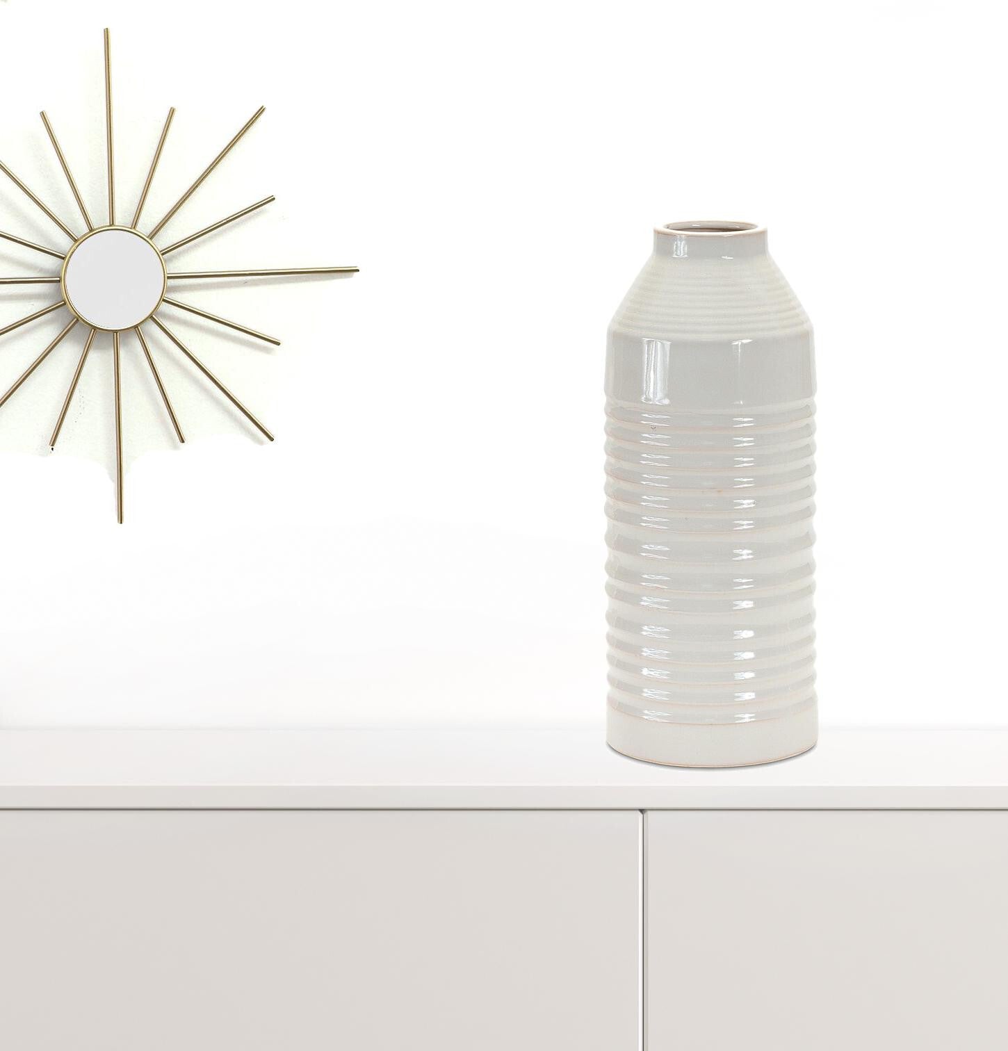 Ribbed white ceramic vase detail view showing textured pattern, 15 inch contemporary centerpiece
