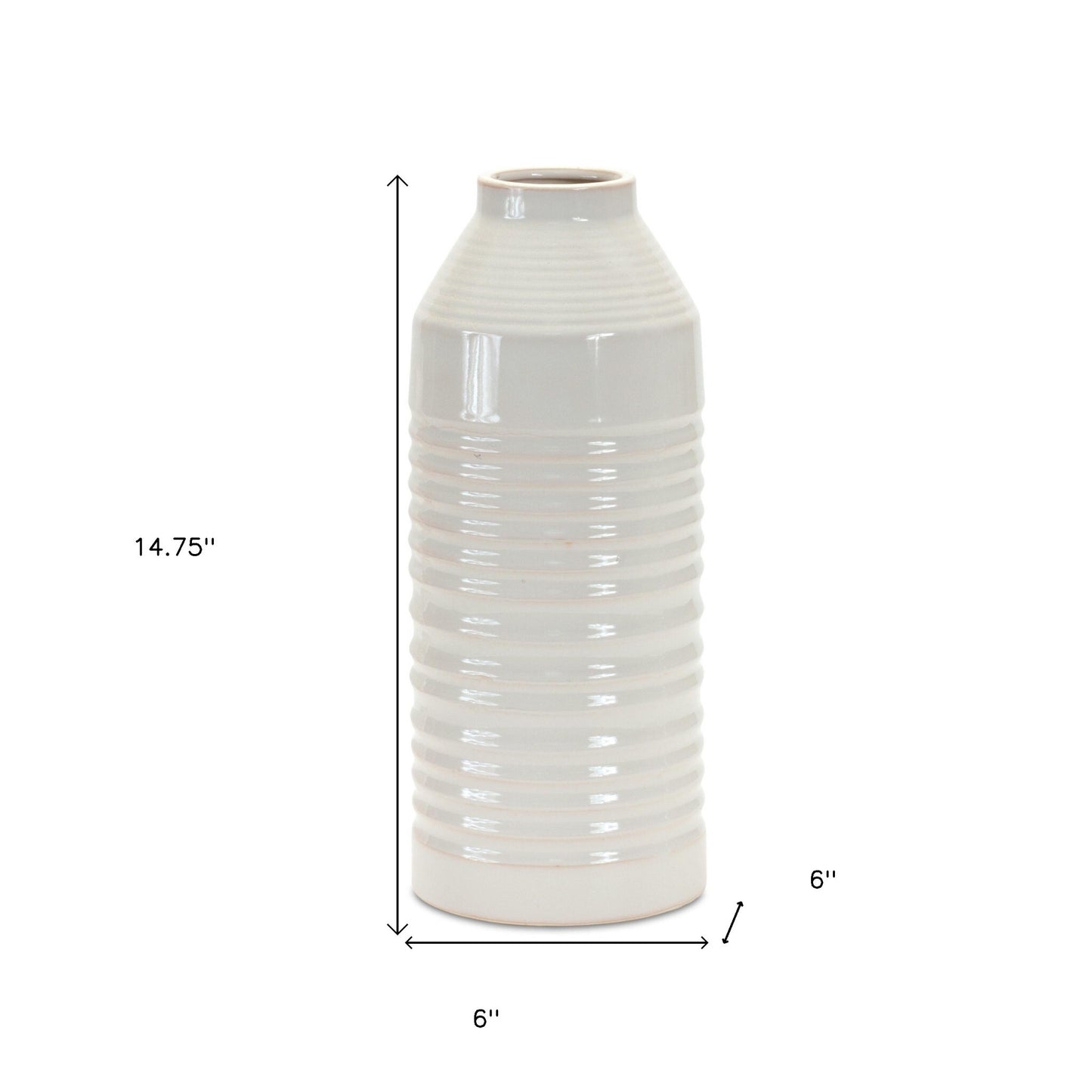 15 inch white ribbed cylinder terracotta vase full view, elegant textured table decoration
