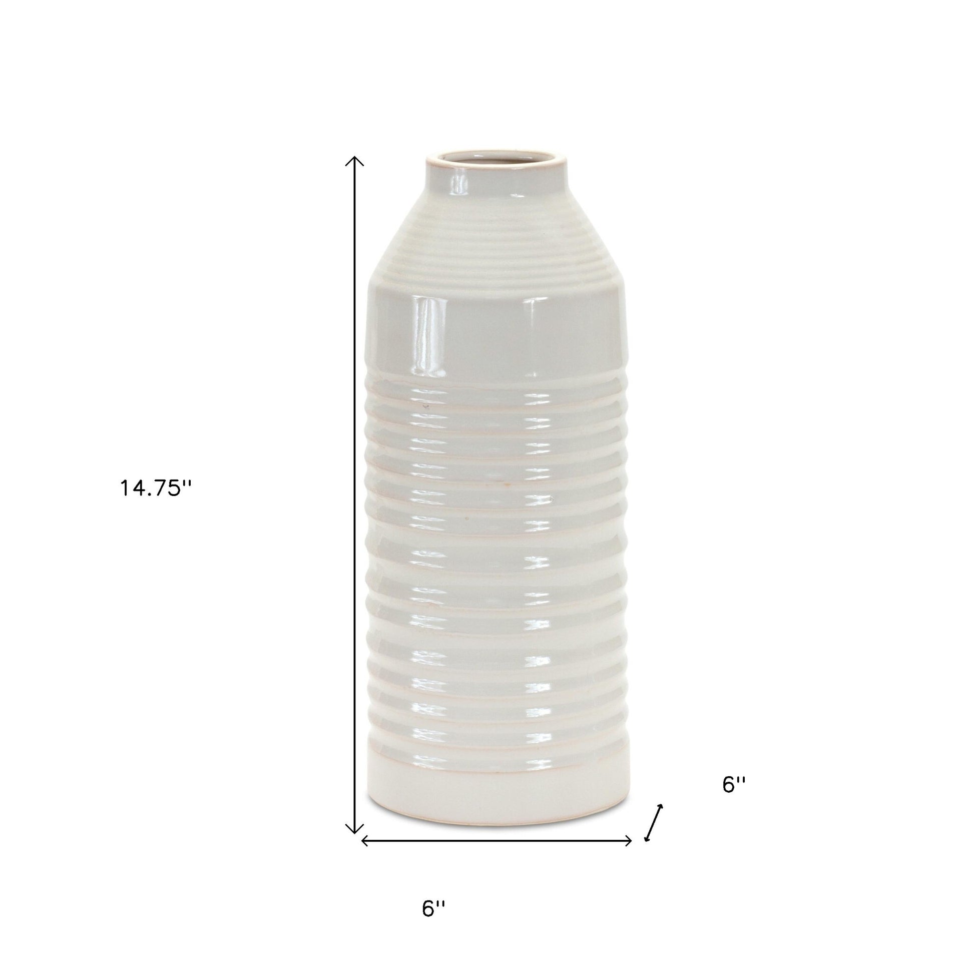 15 inch white ribbed cylinder terracotta vase full view, elegant textured table decoration
