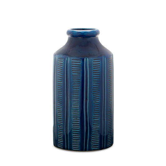 11 inch blue ribbed round terracotta table vase with modern contemporary design and textured pattern
