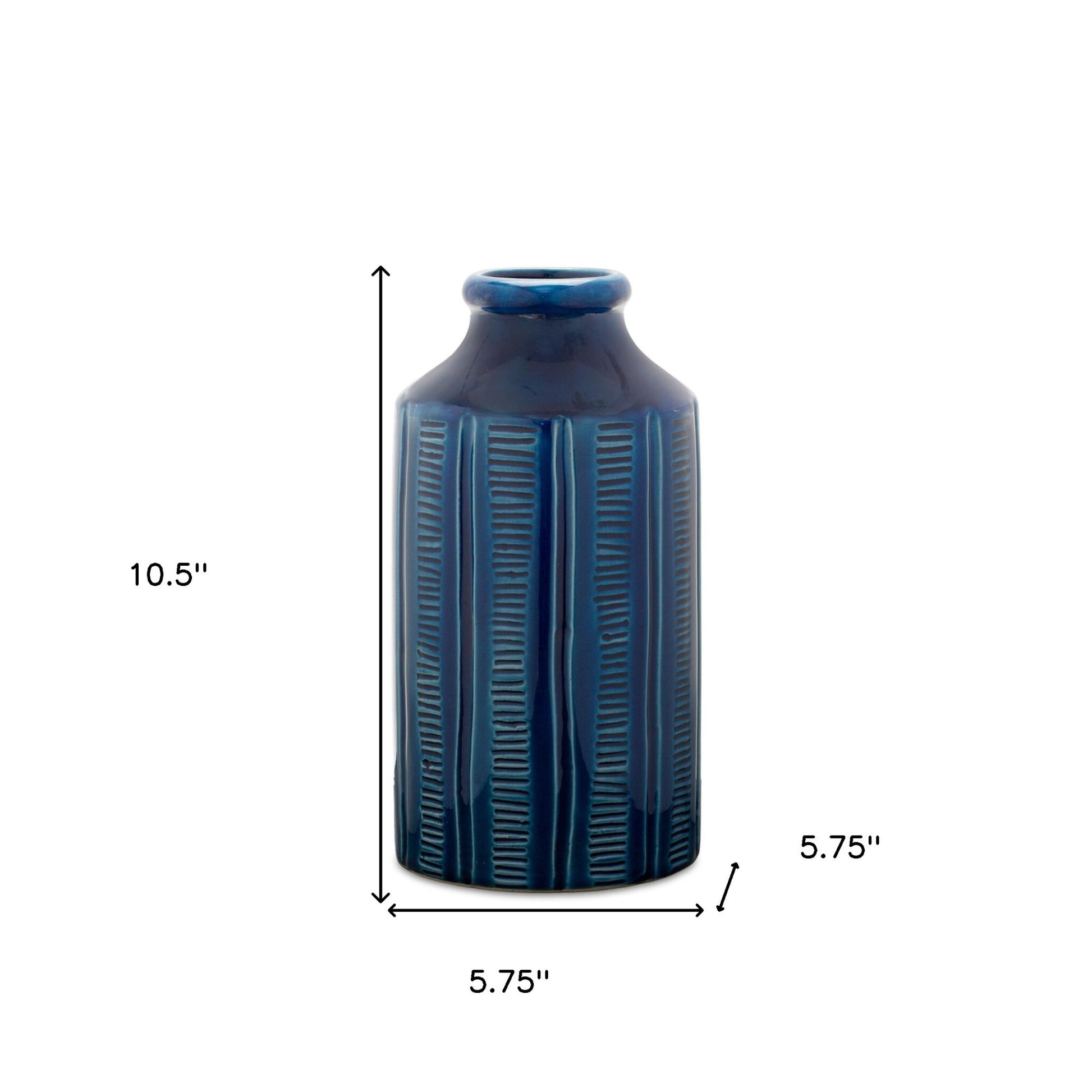 Contemporary round table vase in blue terracotta with striking ribbed pattern for home decor
