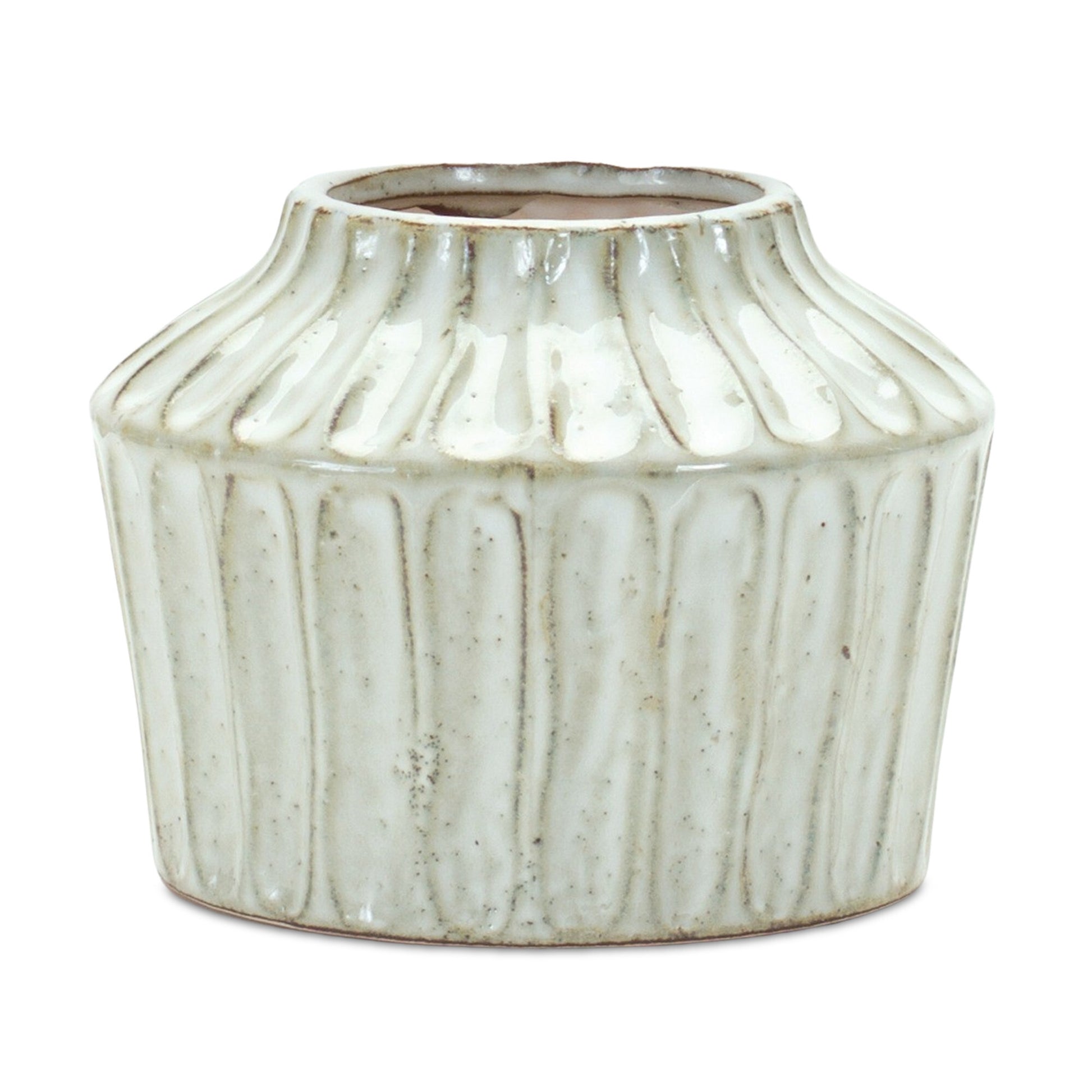6 inch ivory ribbed round terracotta vase with textured design, elegant contemporary table decor for home
