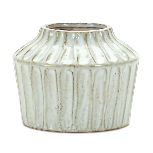 6 inch ivory ribbed round terracotta vase with textured design, elegant contemporary table decor for home

