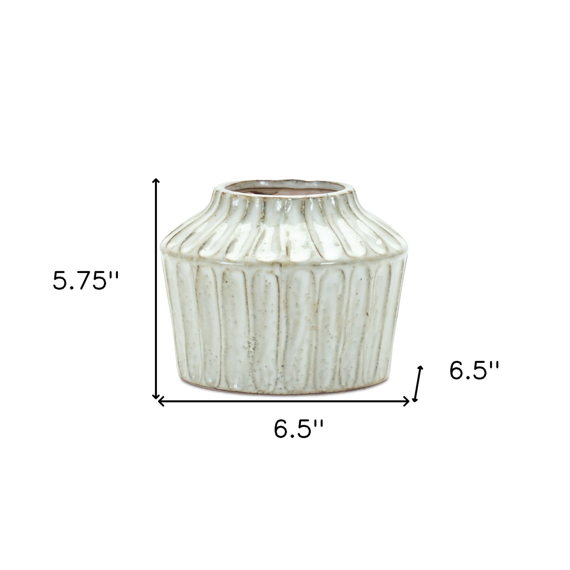 6 inch ivory ribbed round terracotta vase full view, elegant textured table decoration
