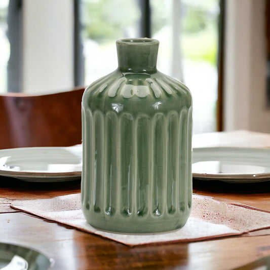 7 inch green terracotta striped bud vase with translucent glaze, natural botanical table decor for home
