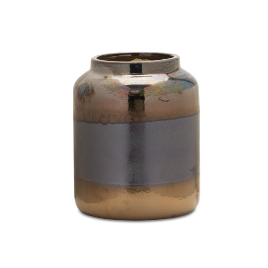 9 inch black and blue striped cylinder clay vase, contemporary geometric table decor with modern design
