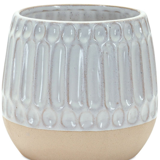 Set of Two Beige and White Ribbed Round Porcelain Vases - Front View Showing Textured Design Perfect for Modern Minimalist Home Decor
