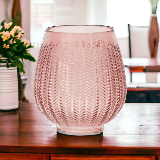 8 inch pink glass vase with textured leaf pattern, vintage round table decor with translucent finish
