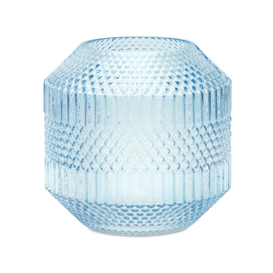 8 inch pale blue geometric cylinder glass vase with etched pattern, modern coastal table decor piece
