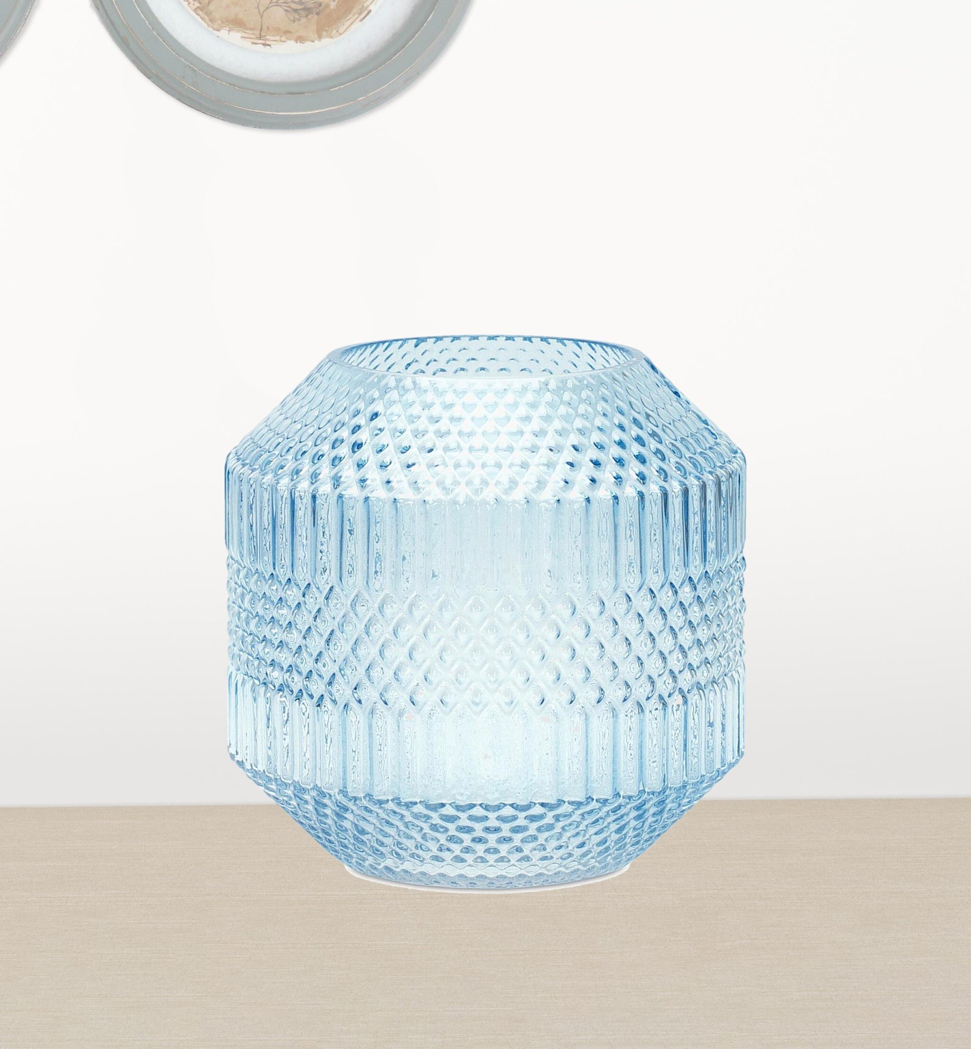 Light blue cylinder glass vase with etched geometric pattern, 8 inch coastal decor accent
