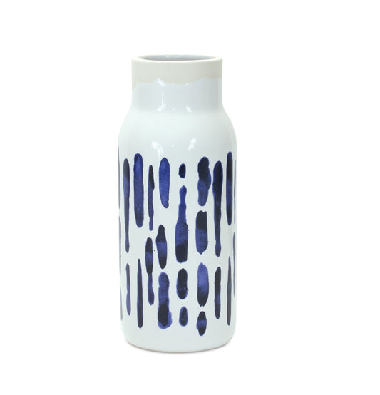 Set of 2 blue and white abstract cylinder ceramic vases 10 inches tall, coastal modern table decor for contemporary home
