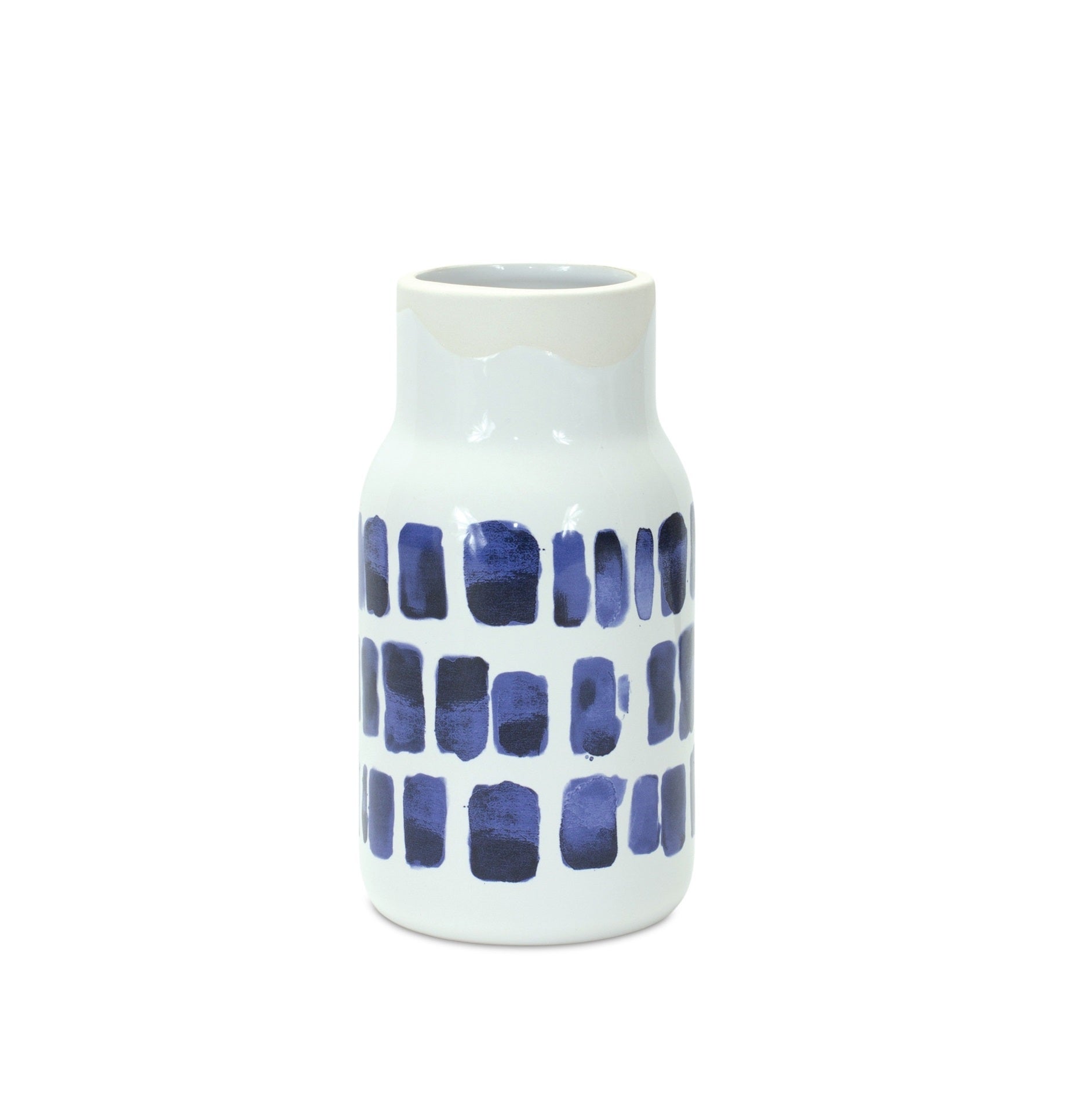 Abstract ceramic vases detail view showing blue and white colors, 10 inch contemporary centerpiece set
