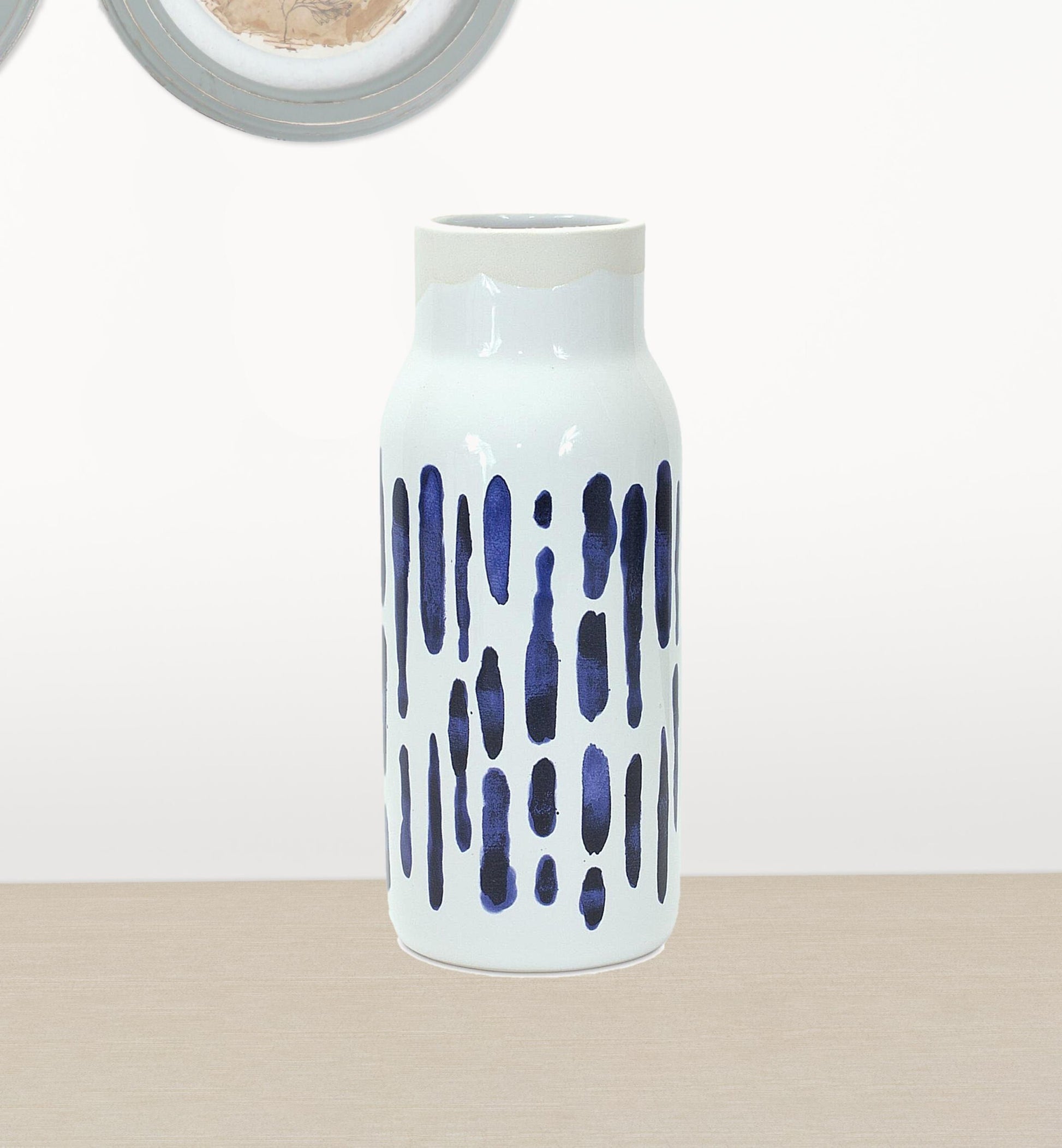 10 inch blue white cylinder vases with coastal design, modern table decor accent pair
